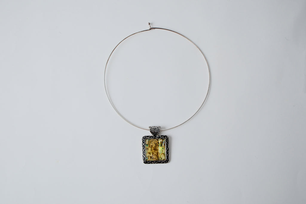 Vintage Embossed Enamel Silver Cuff Necklace