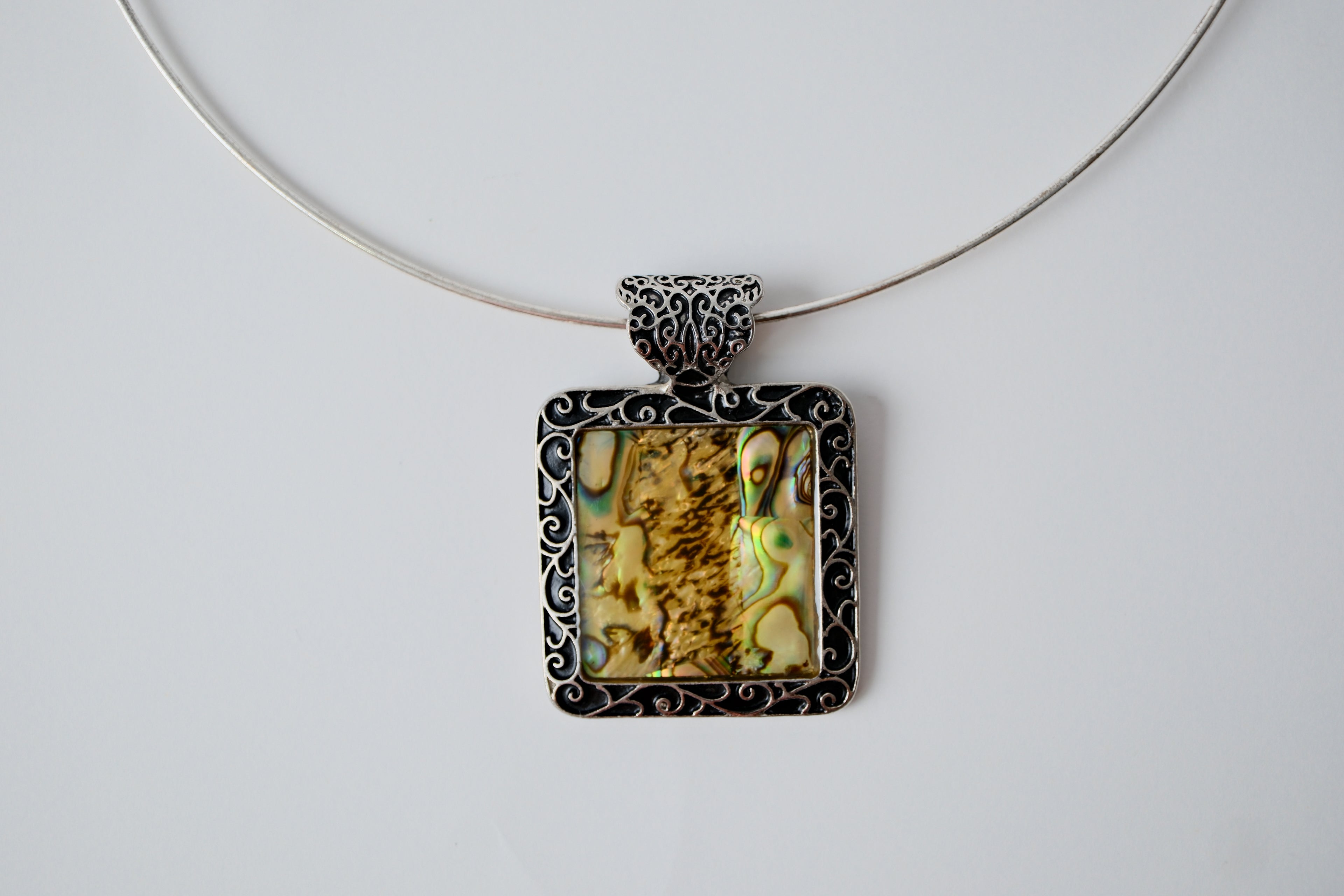 Vintage Embossed Enamel Silver Cuff Necklace