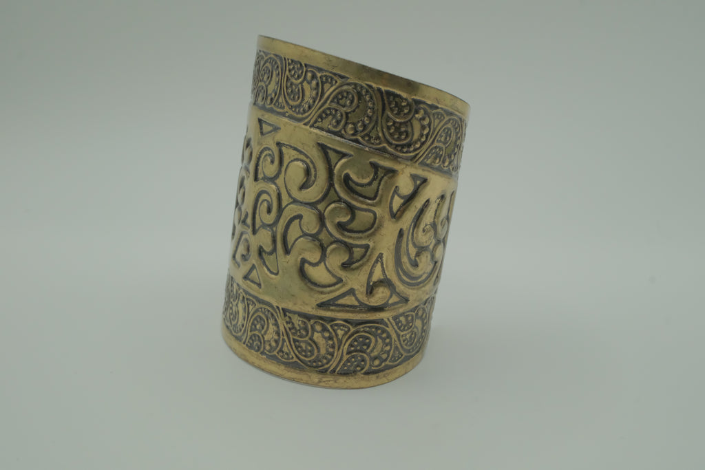Ornate open back adjustable brass cuff bracelet