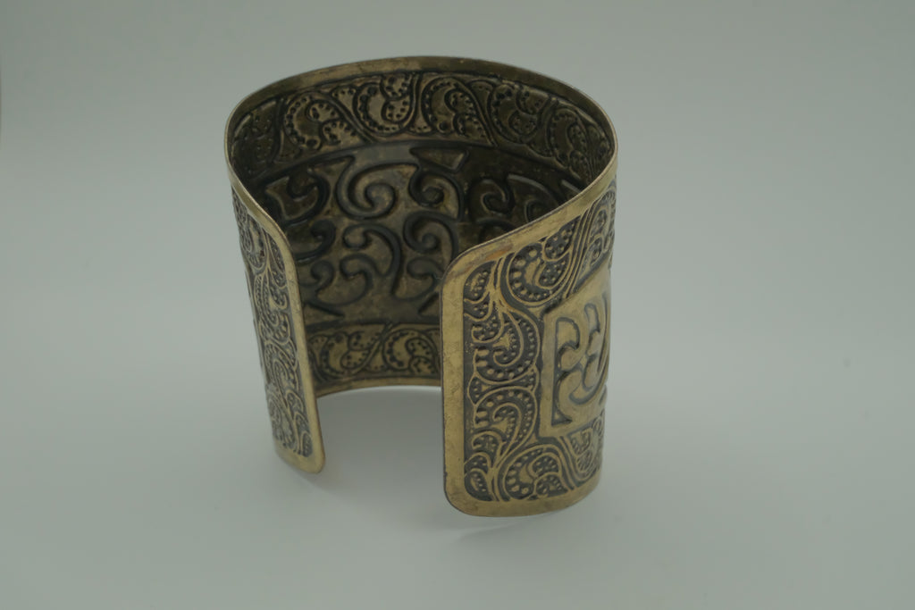 Ornate open back adjustable brass cuff bracelet