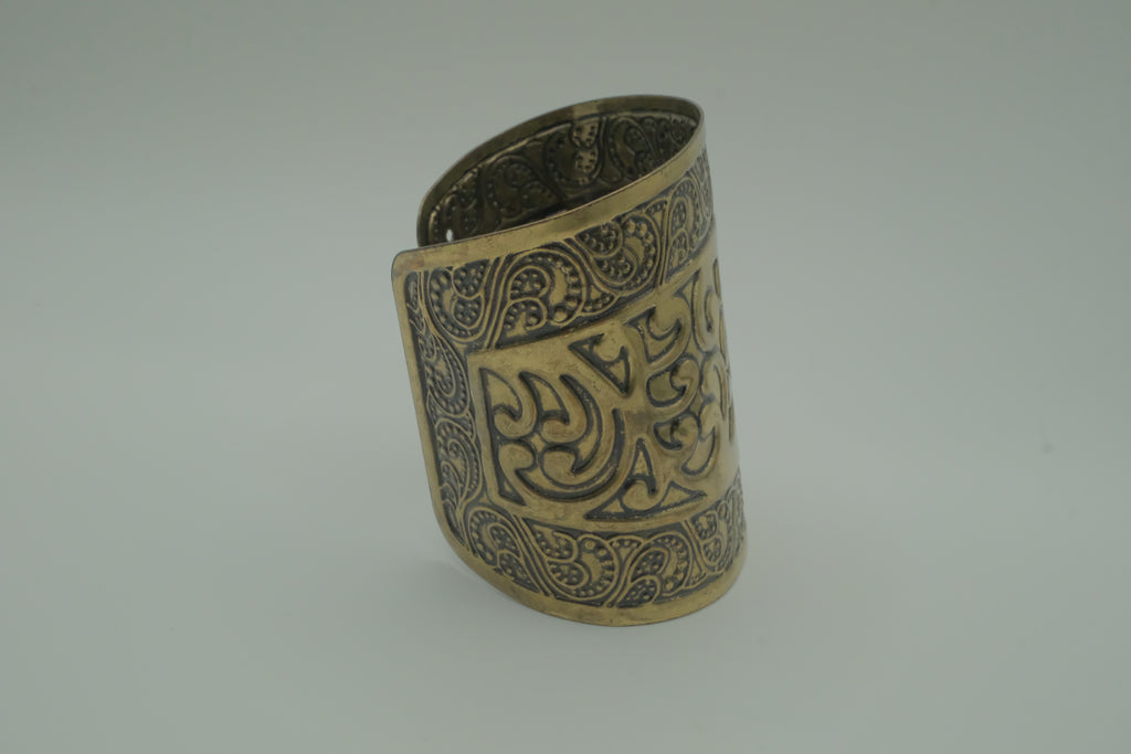 Ornate open back adjustable brass cuff bracelet