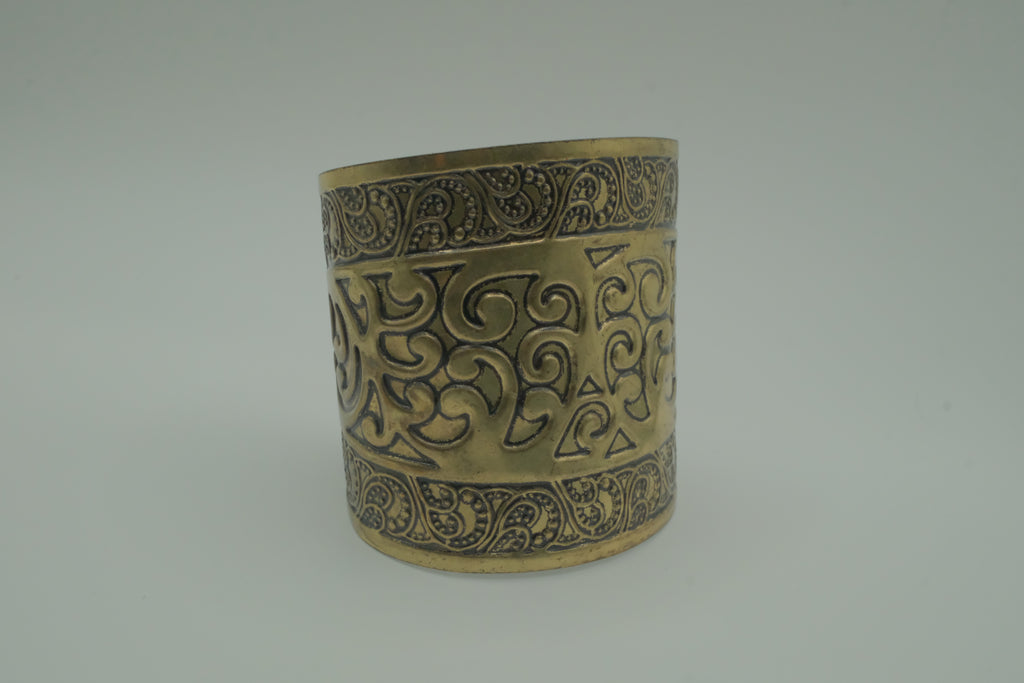 Ornate open back adjustable brass cuff bracelet