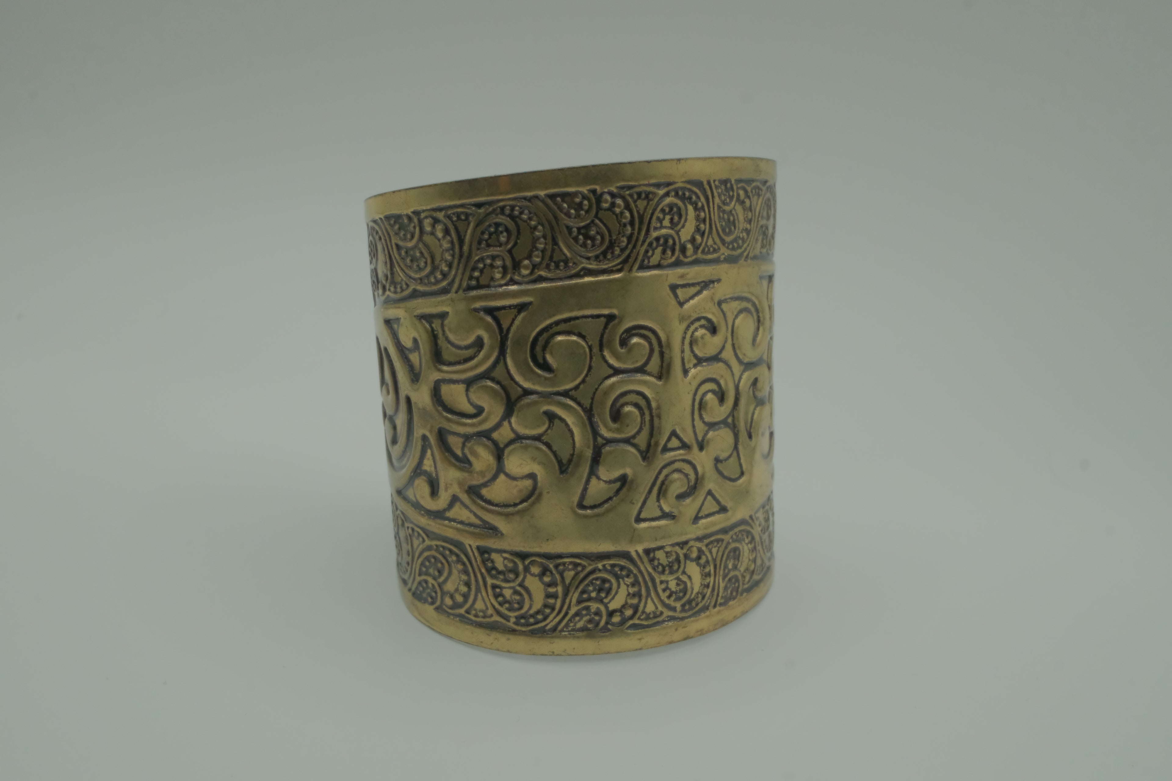 Ornate open back adjustable brass cuff bracelet