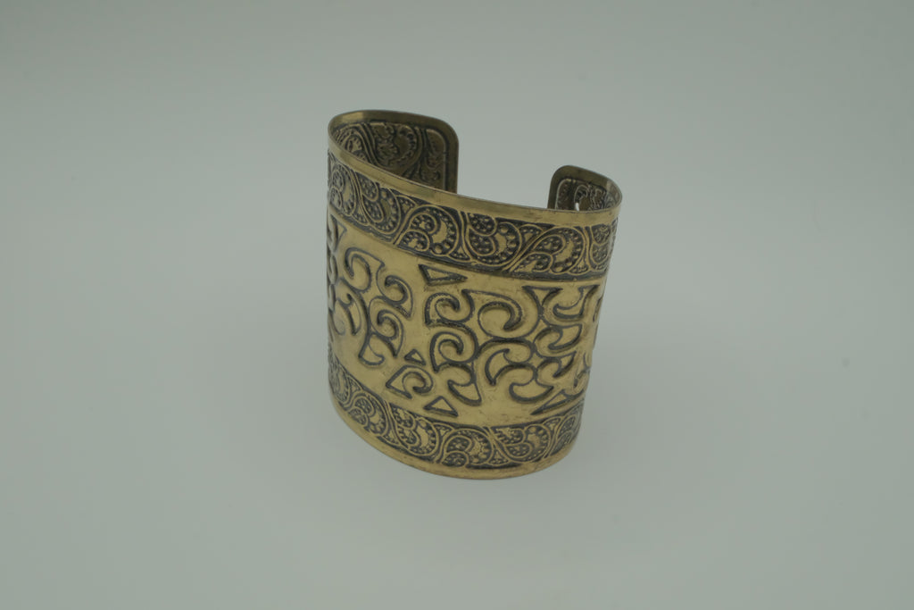 Ornate open back adjustable brass cuff bracelet