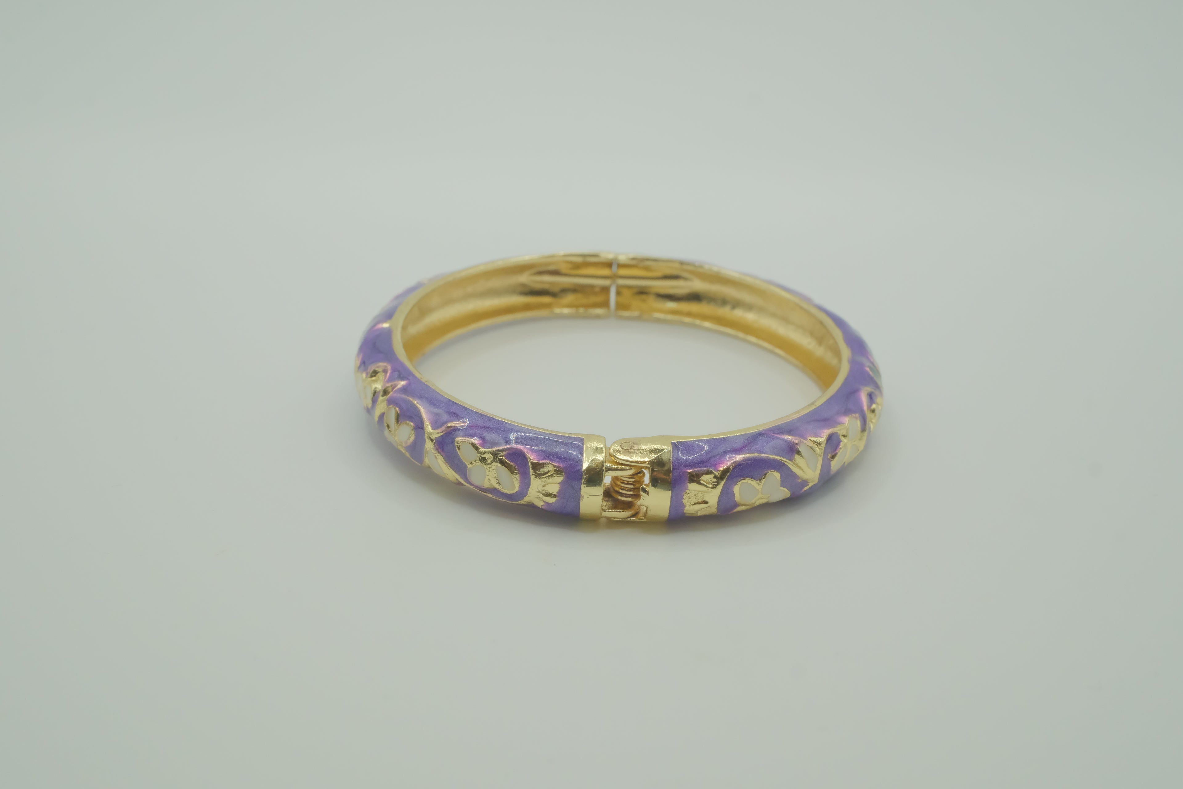 Vintage Purple cloisonné enamel floral hinged bangle bracelet