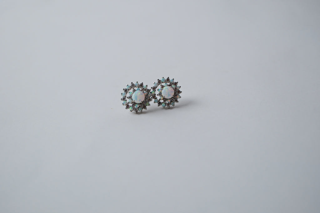 Silver Opal &amp; Cubic Zirconia Cluster Ear Studs