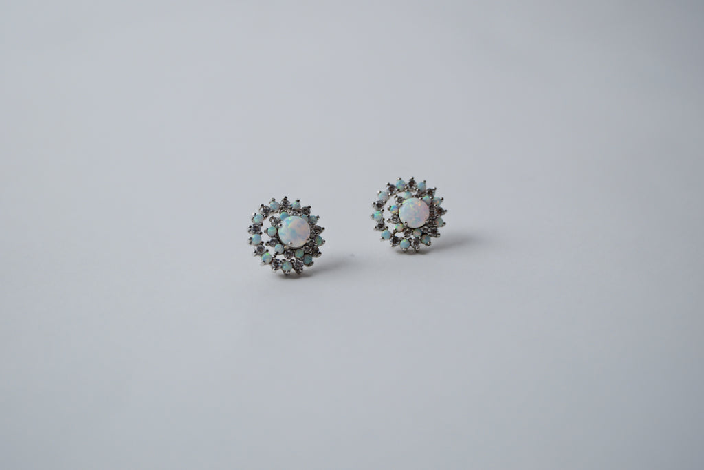 Silver Opal &amp; Cubic Zirconia Cluster Ear Studs