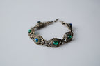 Vintage Silver Tone Green Cabochon Links Bracelet