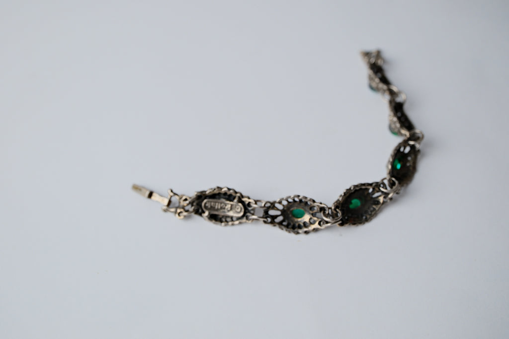 Vintage Silver Tone Green Cabochon Links Bracelet
