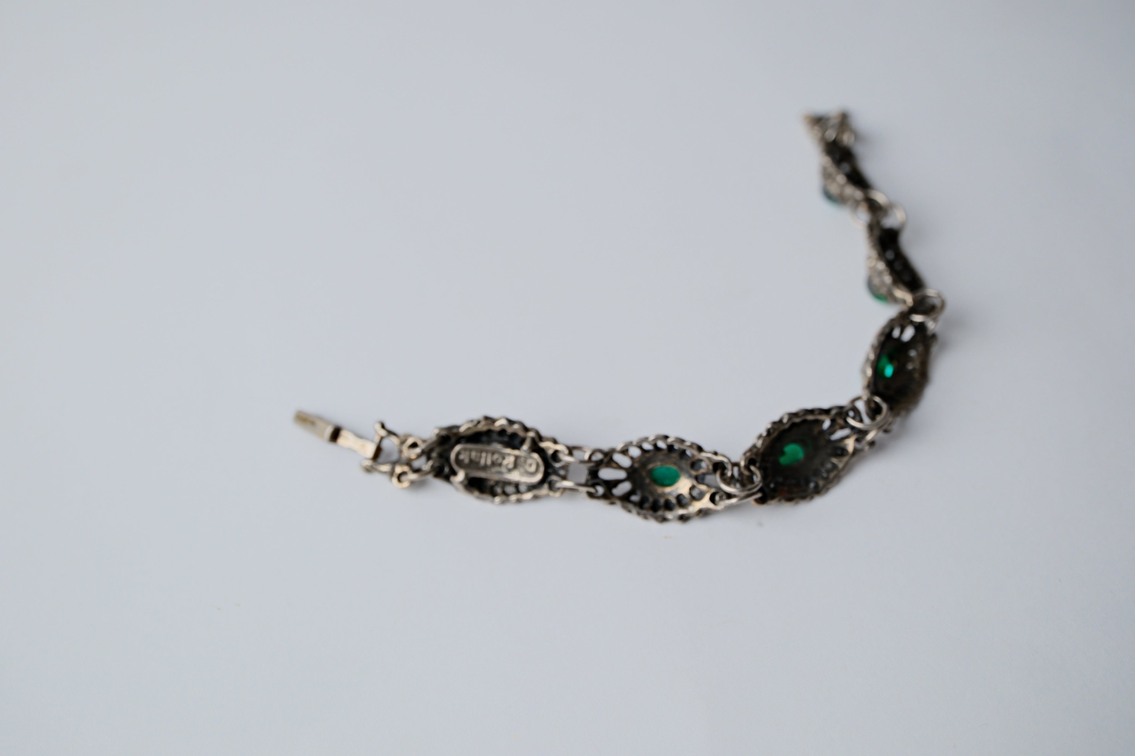 Vintage Silver Tone Green Cabochon Links Bracelet