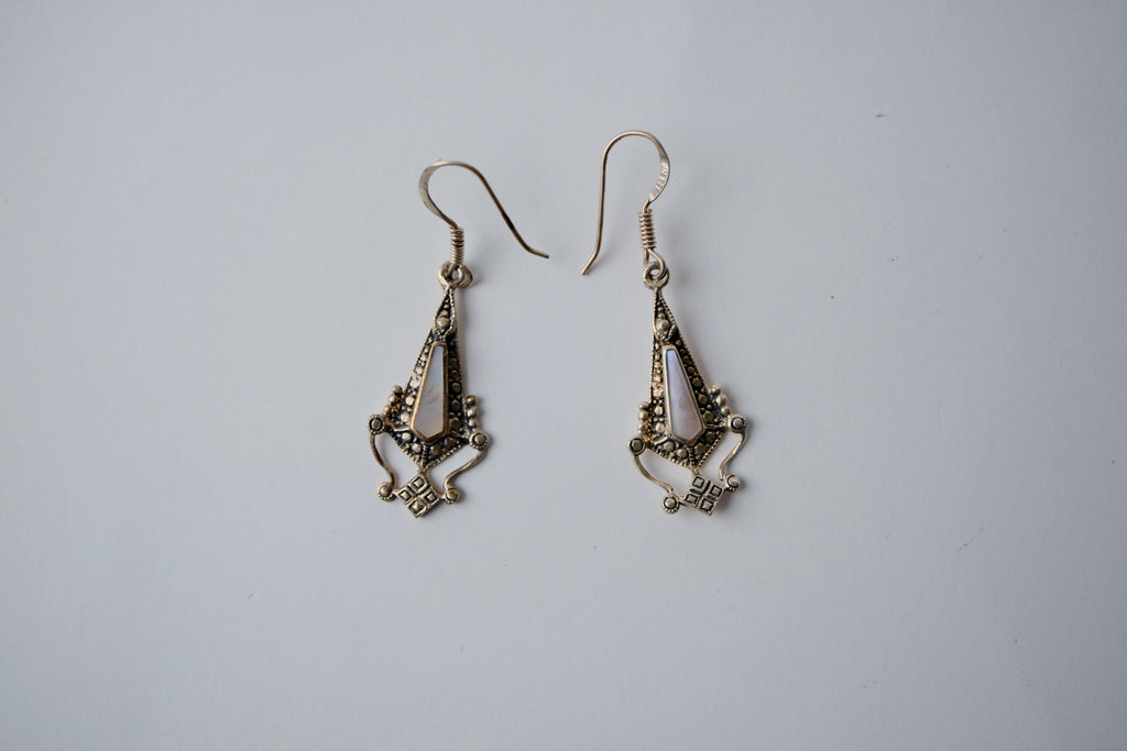 Sterling Silver Mother of Pearl Filigree Dangle Earrings