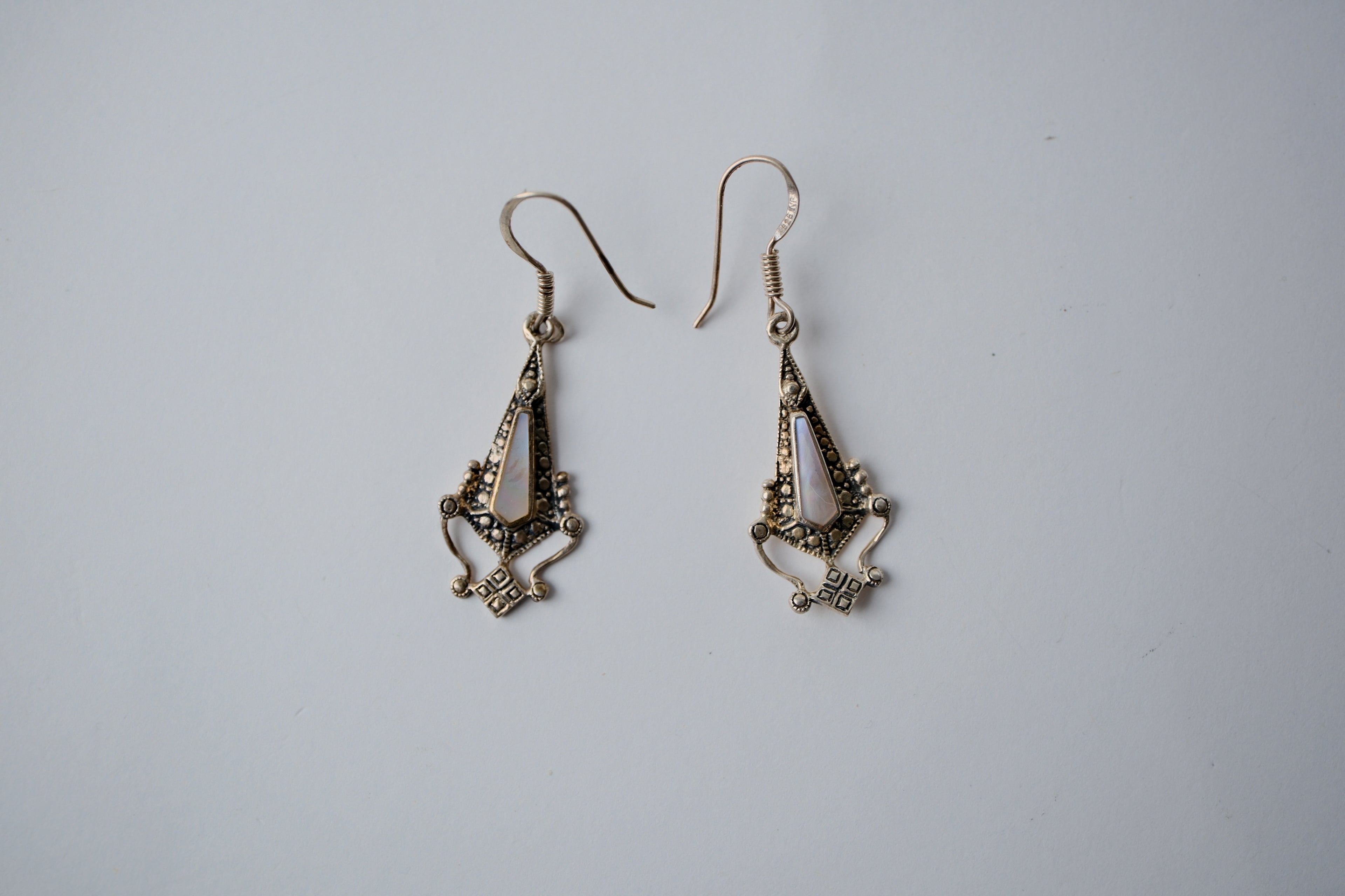 Sterling Silver Mother of Pearl Filigree Dangle Earrings