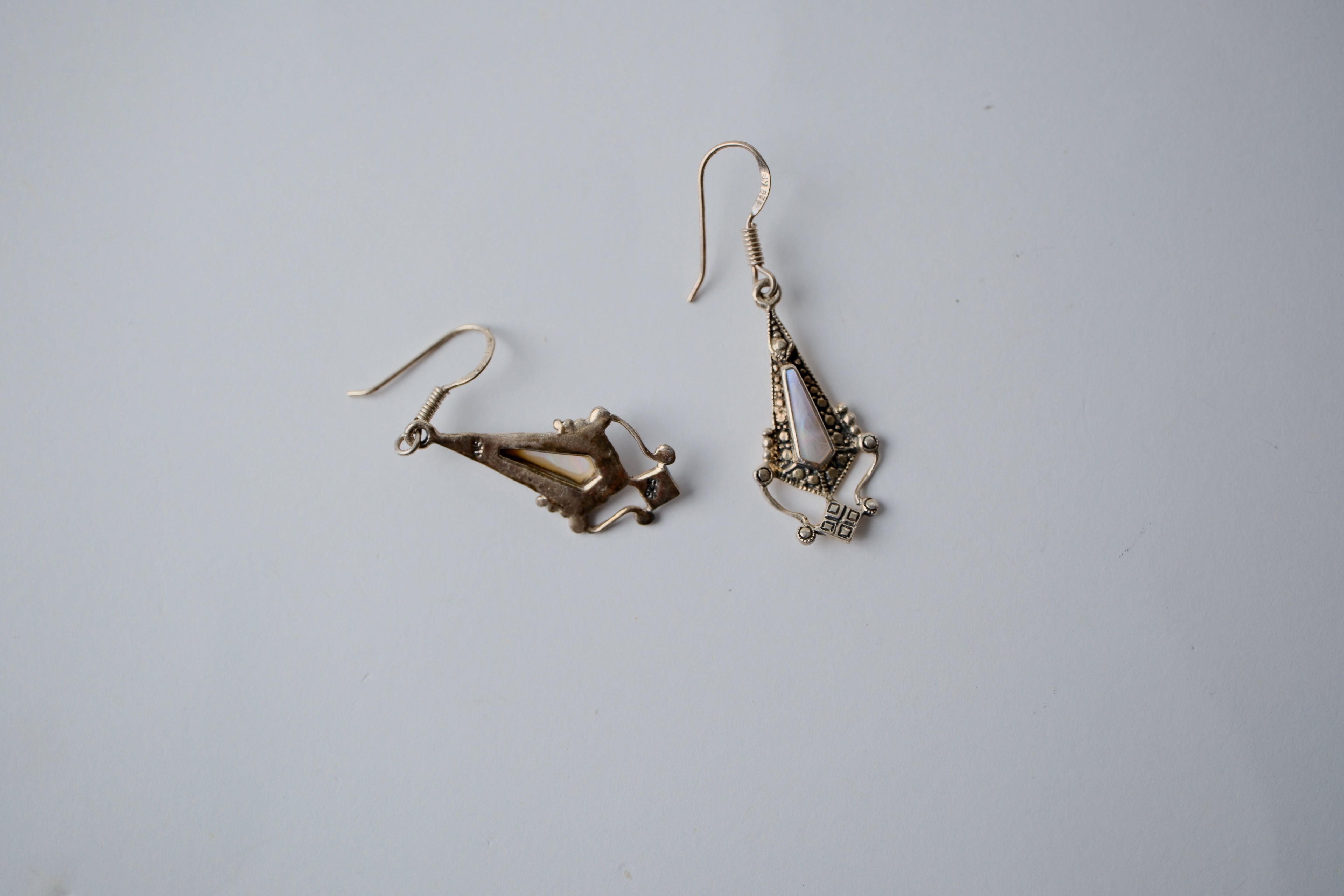 Sterling Silver Mother of Pearl Filigree Dangle Earrings