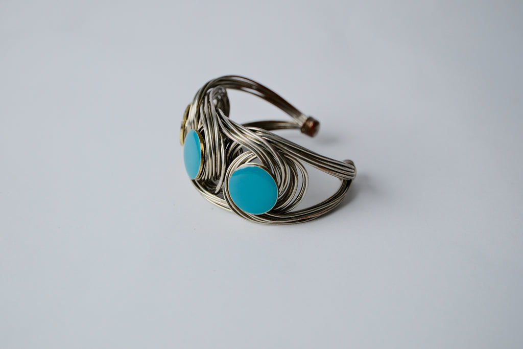 Woven wire cuff bracelet with faux turquoise