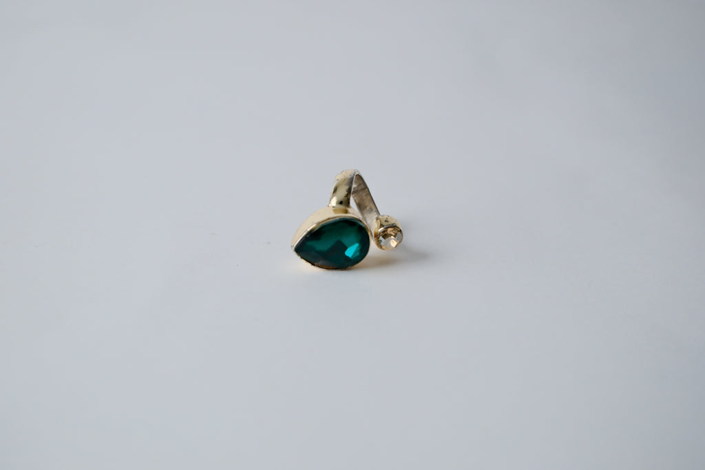 Teardrop-shaped green stone with cubic zirconia Ring