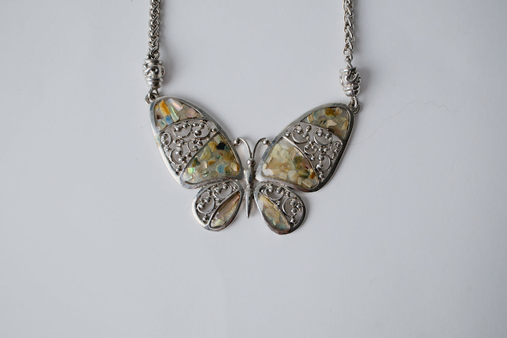 Silver toned Abalone shell inlay Butterfly chain