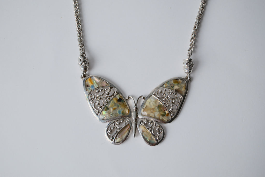 Silver toned Abalone shell inlay Butterfly chain