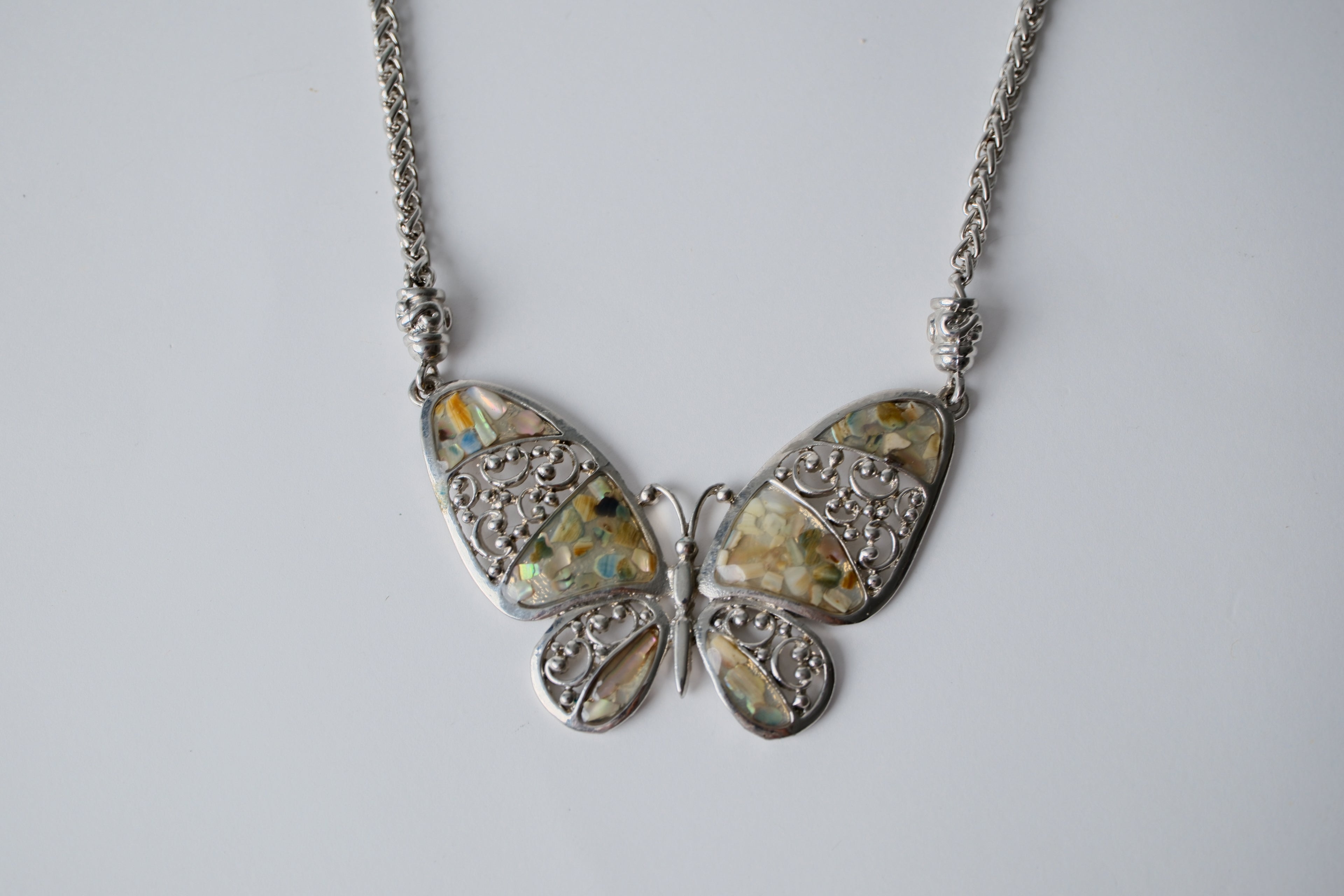 Silver toned Abalone shell inlay Butterfly chain