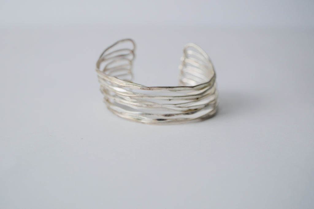 Multi-strand hammered silver cuff bracelet