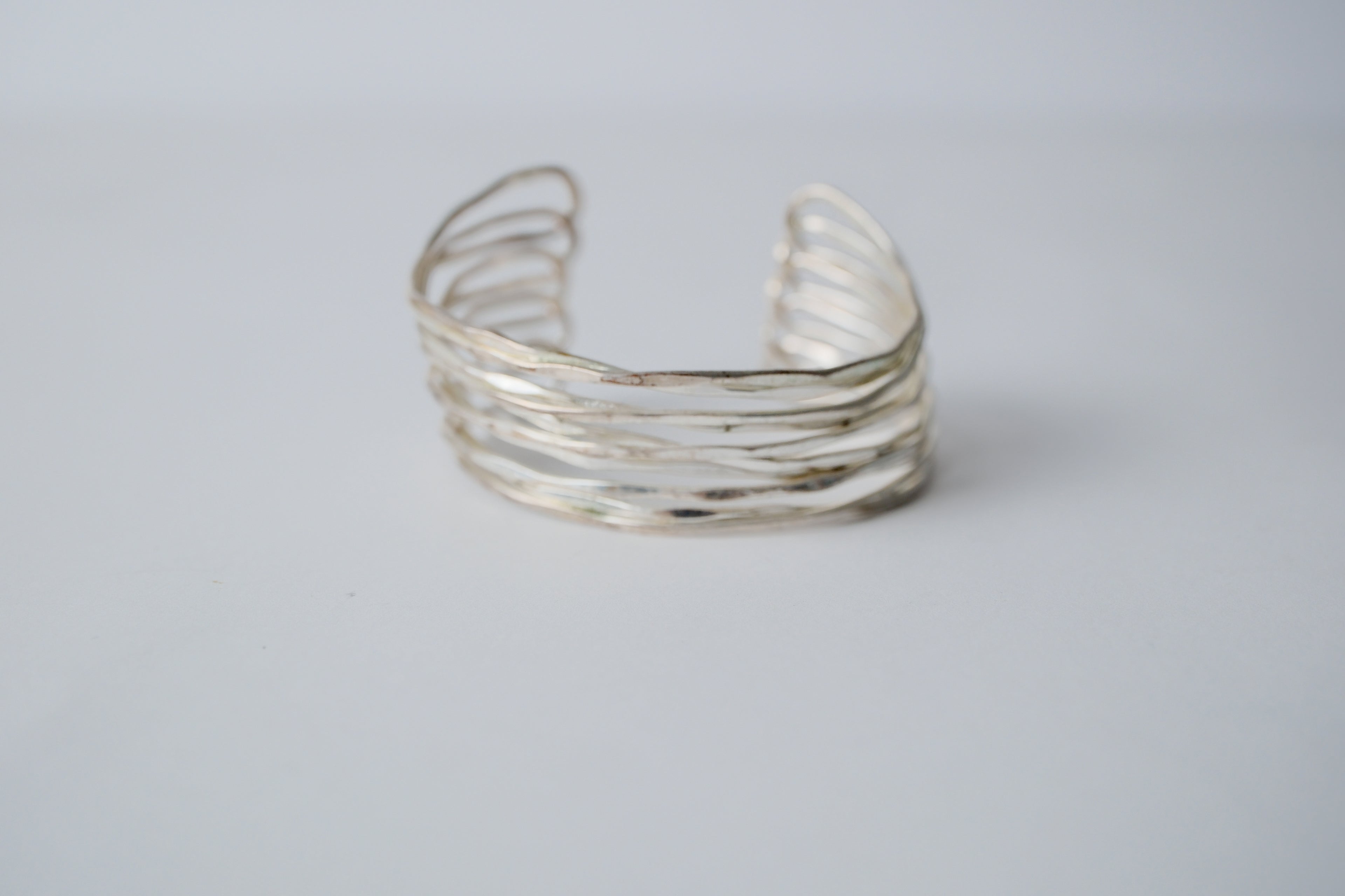 Multi-strand hammered silver cuff bracelet