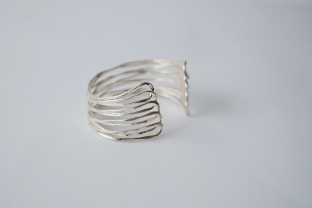 Multi-strand hammered silver cuff bracelet