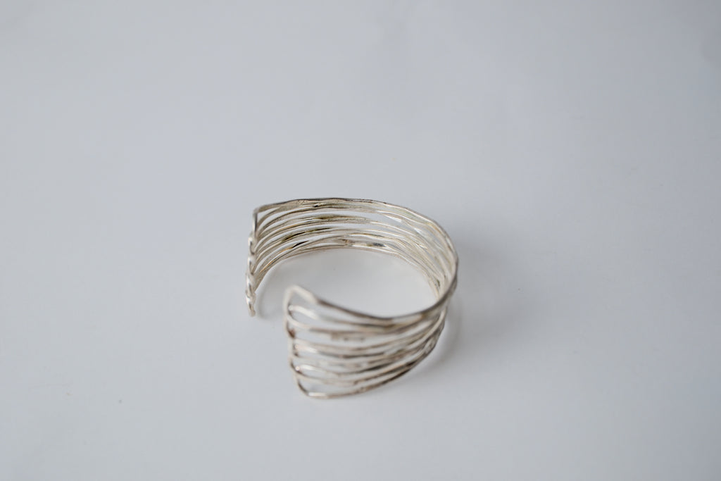 Multi-strand hammered silver cuff bracelet