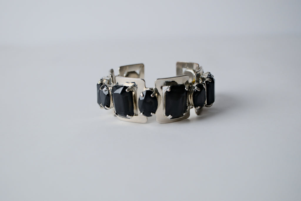 Silver toned Black Rhinestones cuff bracelet