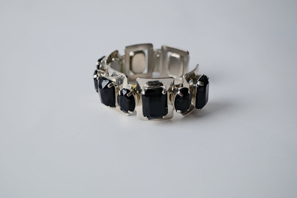 Silver toned Black Rhinestones cuff bracelet