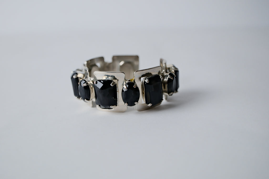 Silver toned Black Rhinestones cuff bracelet