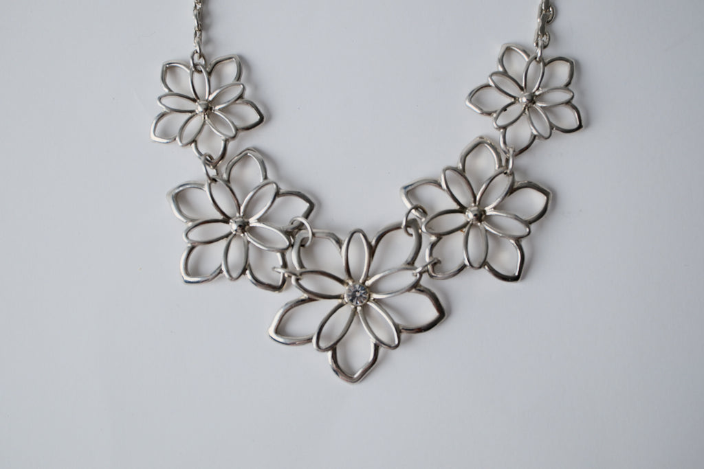 Silver flower bib necklace