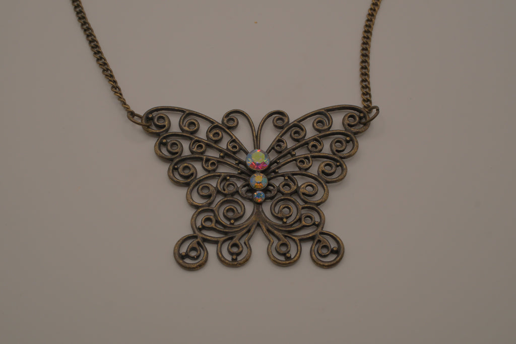Antique brass-finished filigree butterfly bib necklace
