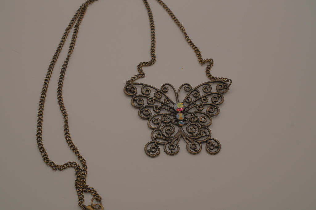 Antique brass-finished filigree butterfly bib necklace