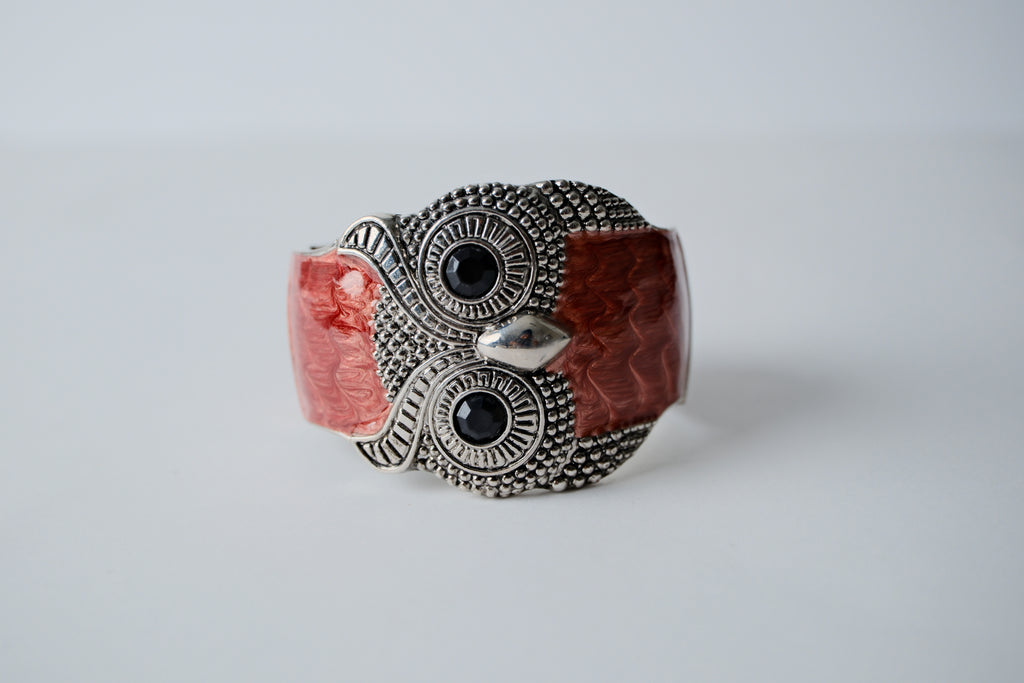 Vintage Silver Red Enamel Owl Cuff