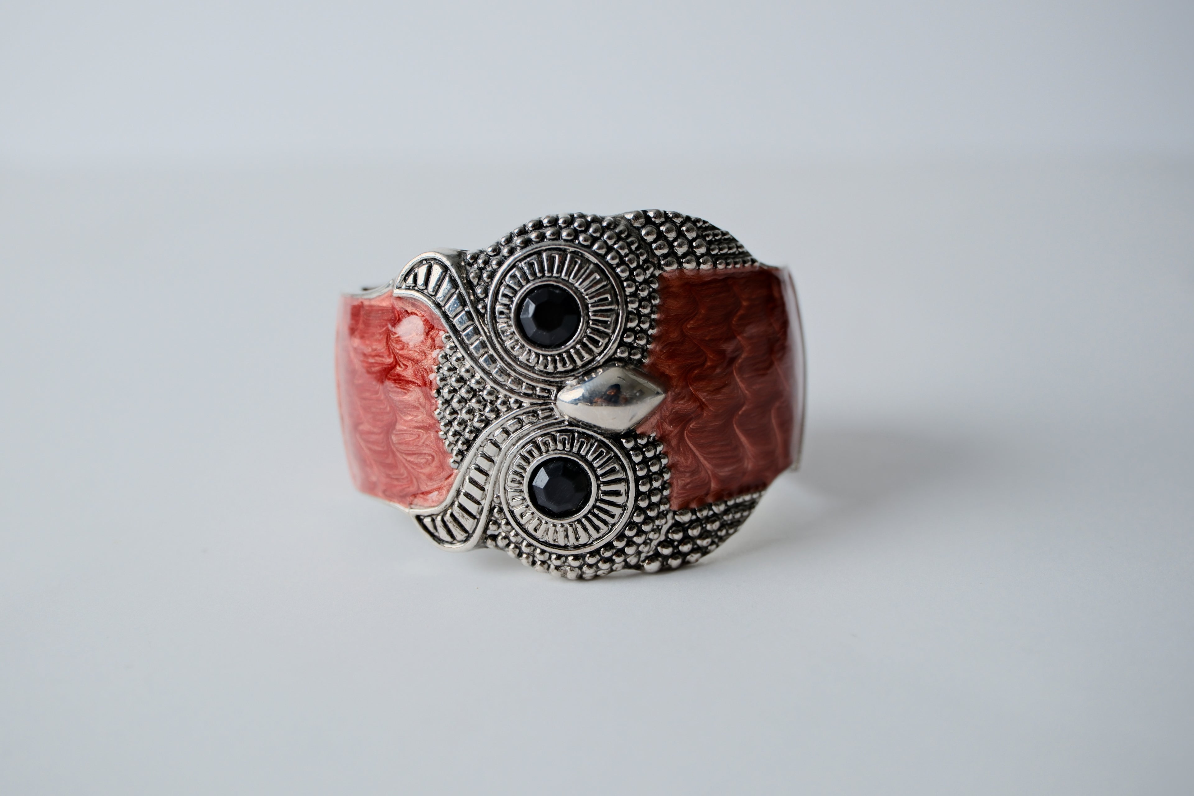 Vintage Silver Red Enamel Owl Cuff