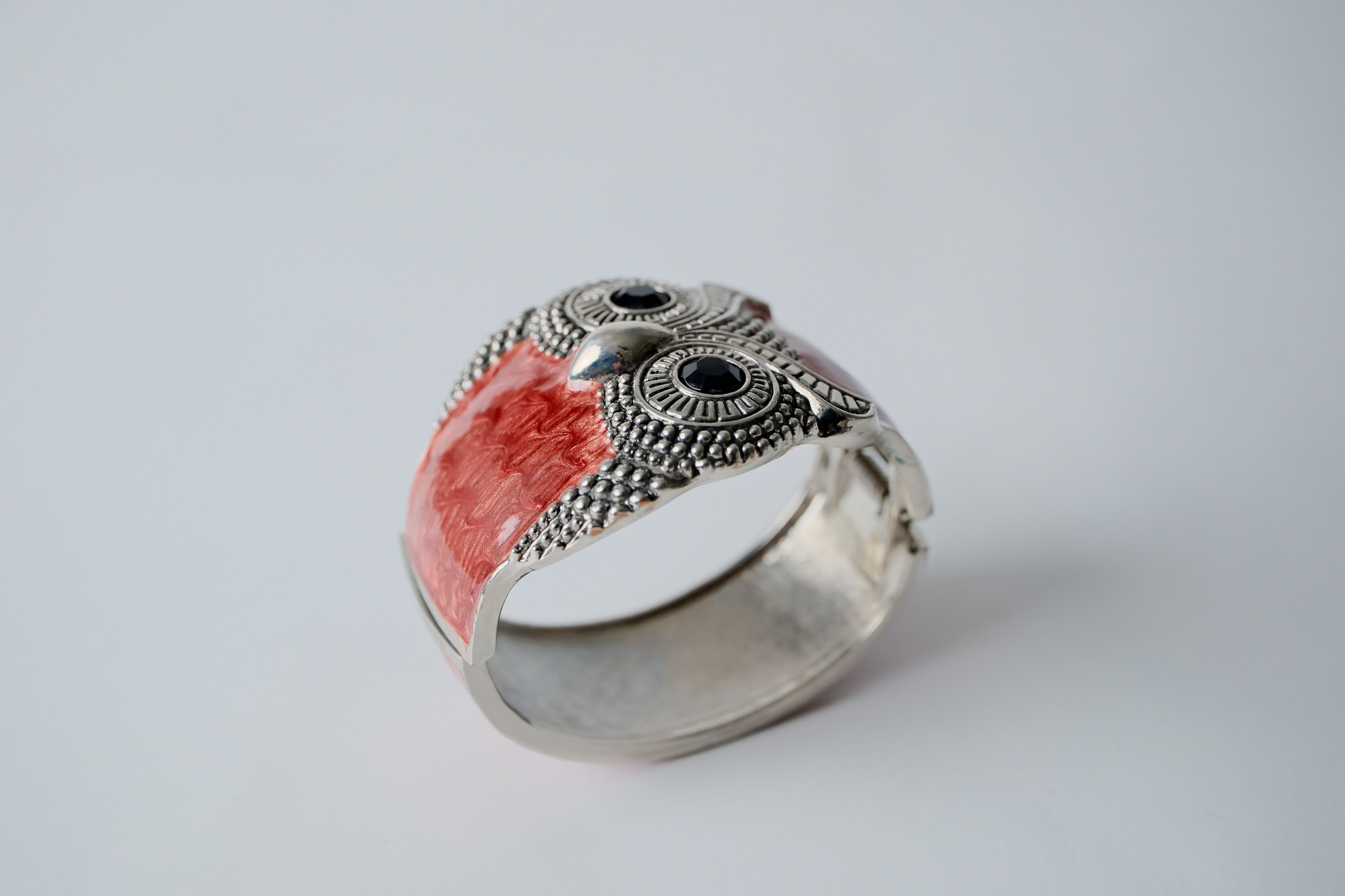 Vintage Silver Red Enamel Owl Cuff