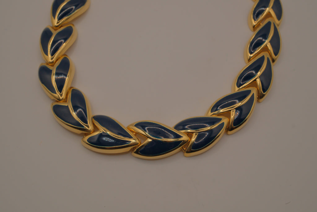 Vintage 1980s leaf-shaped Blue enamel choker necklace