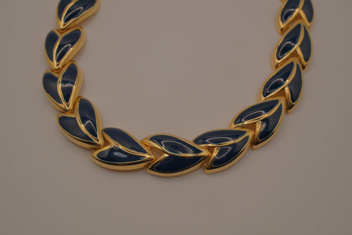 Vintage 1980s leaf-shaped Blue enamel choker necklace