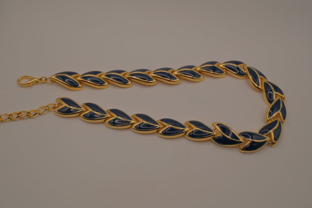 Vintage 1980s leaf-shaped Blue enamel choker necklace