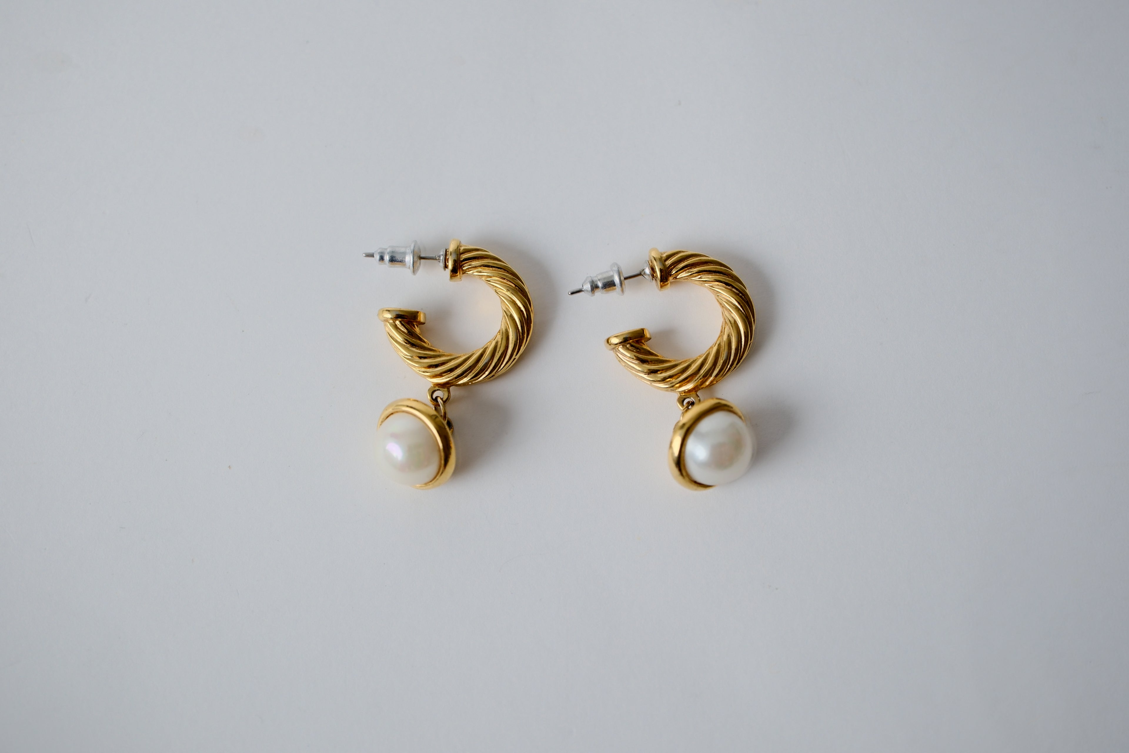 Vintage Gold Hoop with Dangly Pearl Earrings