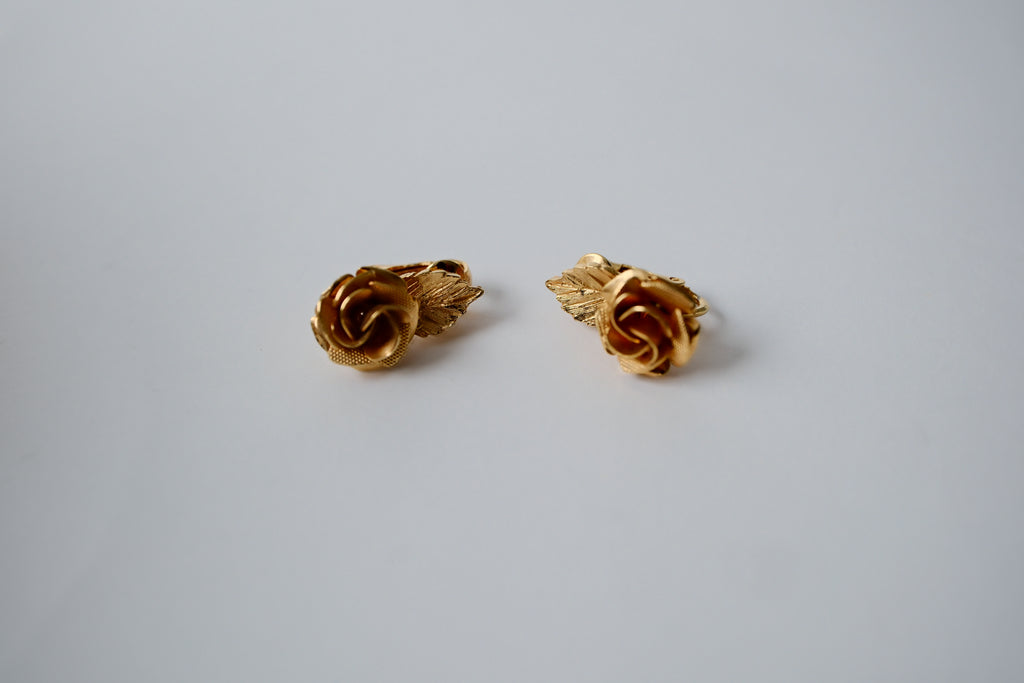 Vintage Gold Rose Clip-On Earrings