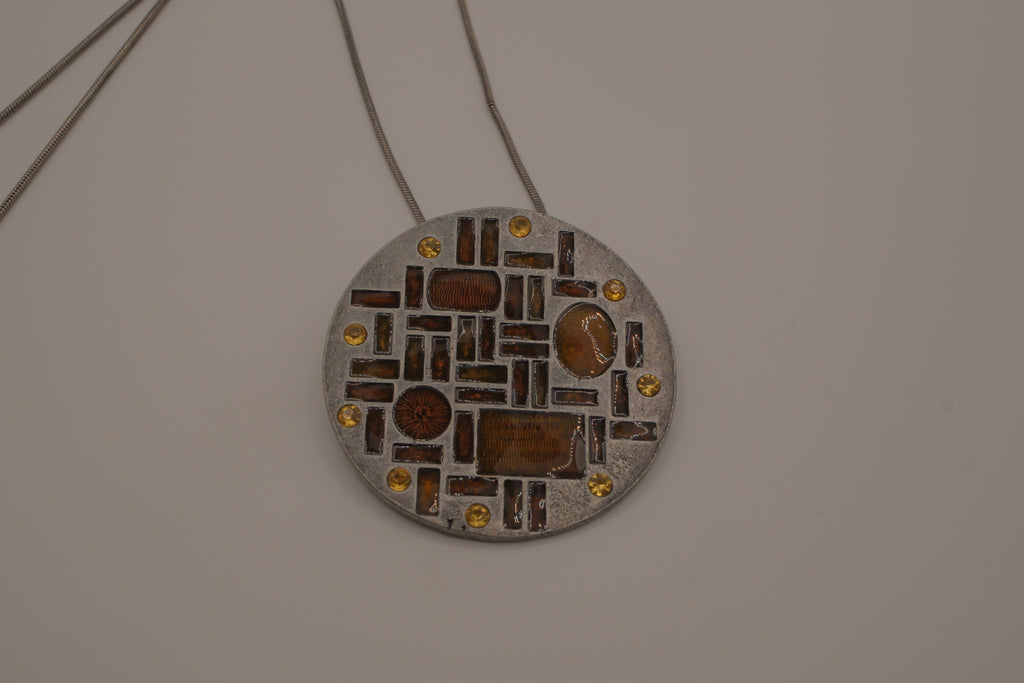 Hammered Silver Pendant with Golden Topaz Enameled Geometric Shapes