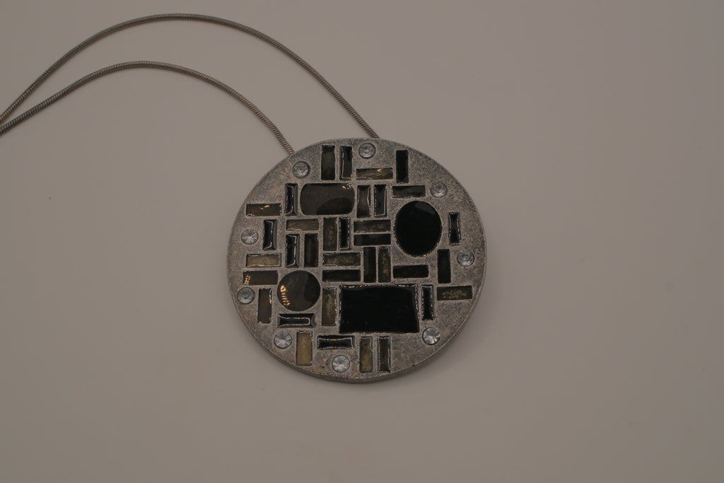 Hammered Silver Pendant with Black Enameled Geometric Shapes