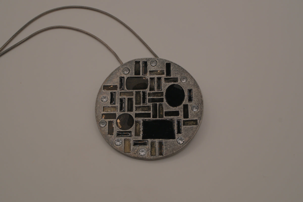 Hammered Silver Pendant with Black Enameled Geometric Shapes