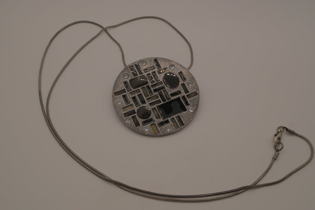 Hammered Silver Pendant with Black Enameled Geometric Shapes