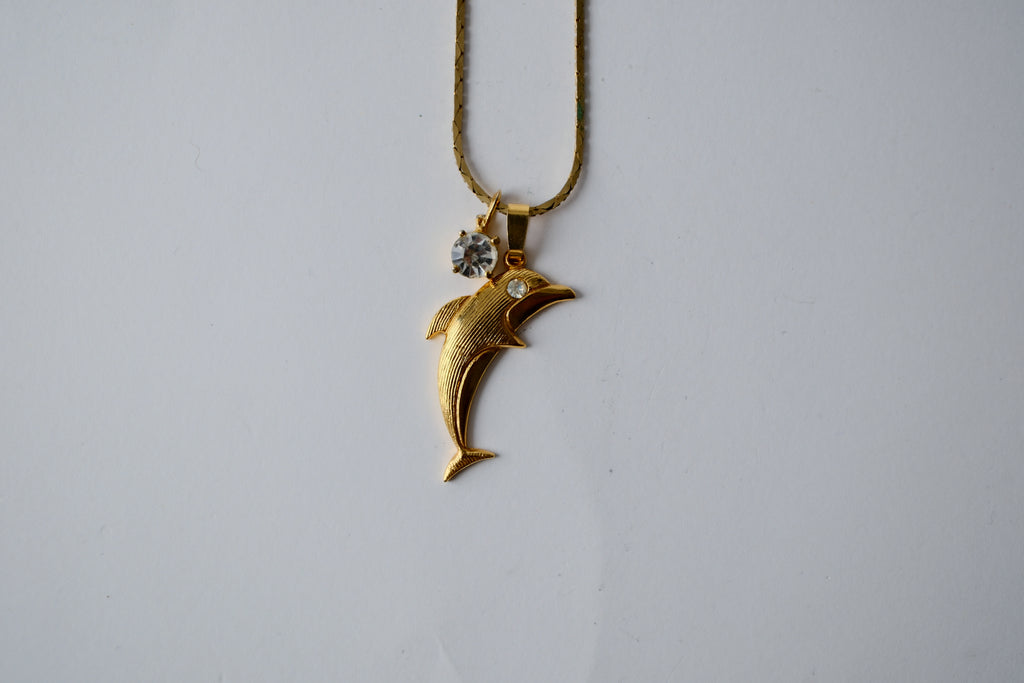 Vintage Gold Dolphin and rhinestone necklace