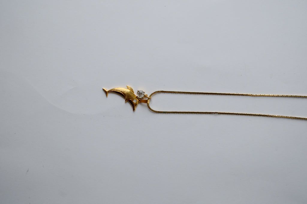 Vintage Gold Dolphin and rhinestone necklace