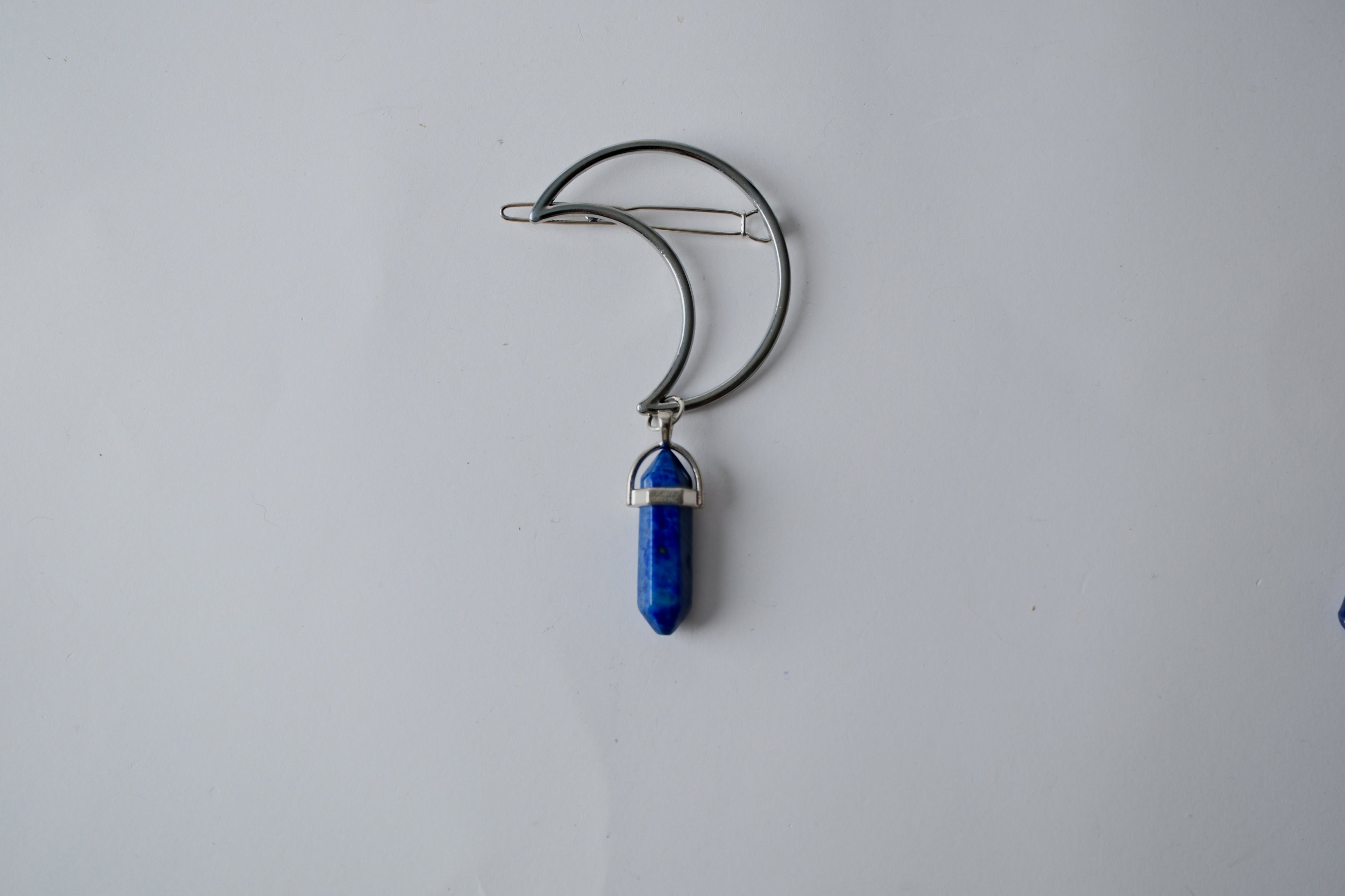 Vintage Moon Hair clip with blue crystal pendant