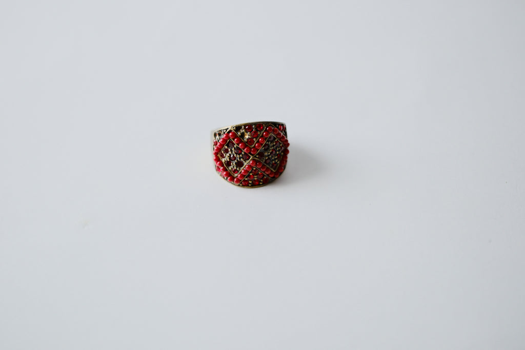 Vintage Bronze Red Rhinestones Ring
