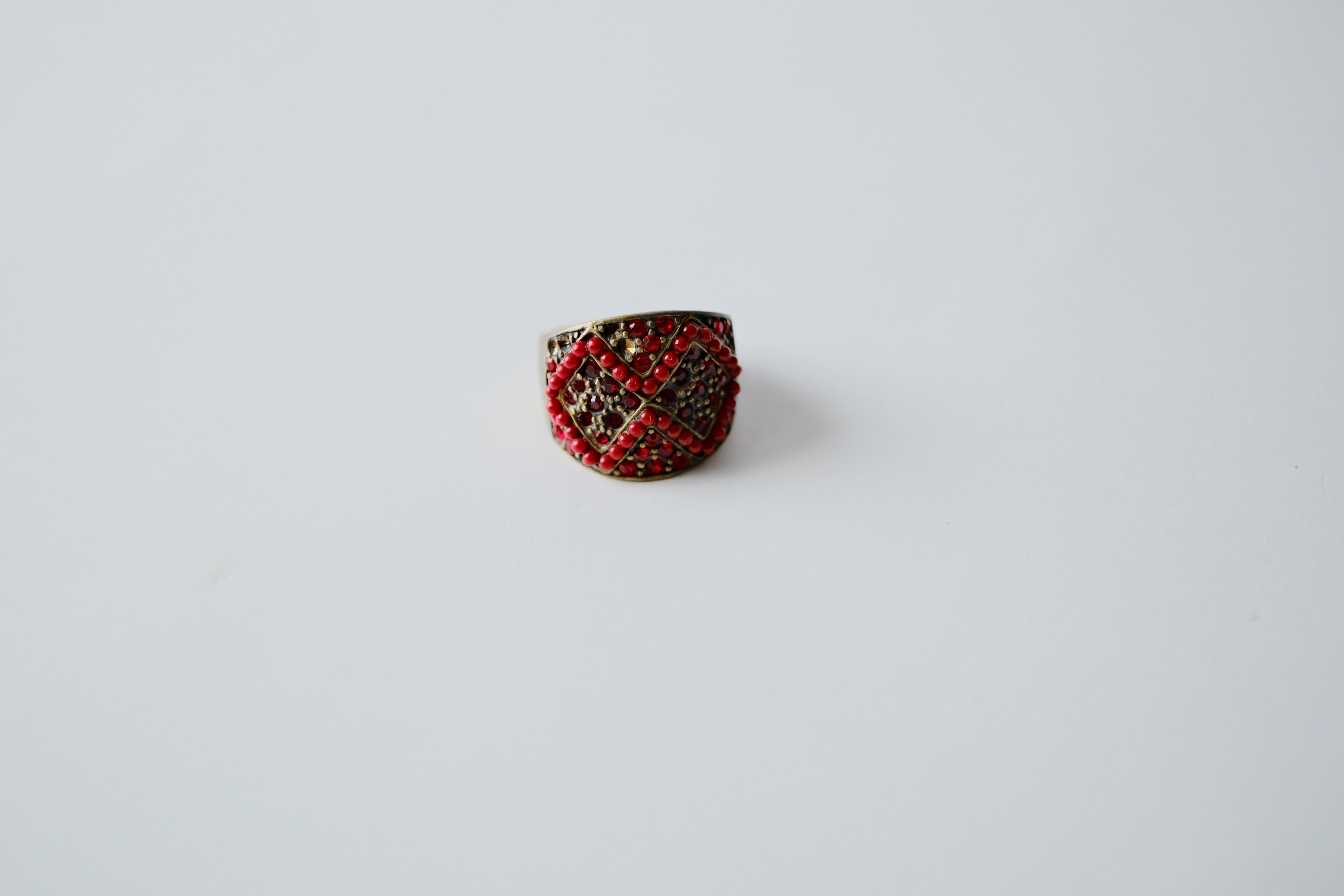 Vintage Bronze Red Rhinestones Ring