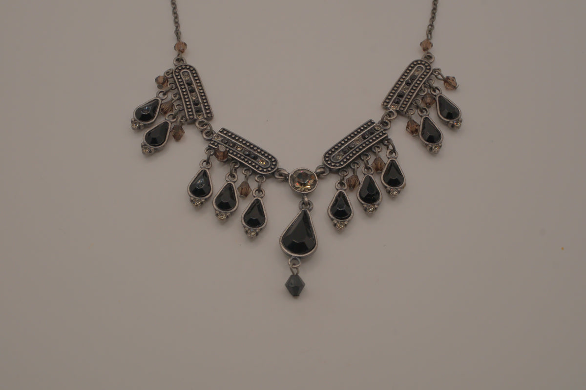 Antique silver black enamel necklace